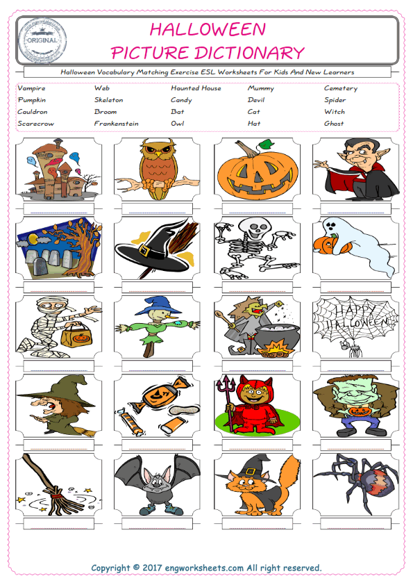  Halloween for Kids ESL Word Matching English Exercise Worksheet. 